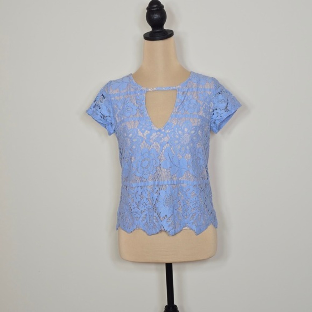 Express Lace Keyhole Neck Short‎ Sleeve Blouse Top Periwinkle Blue XS